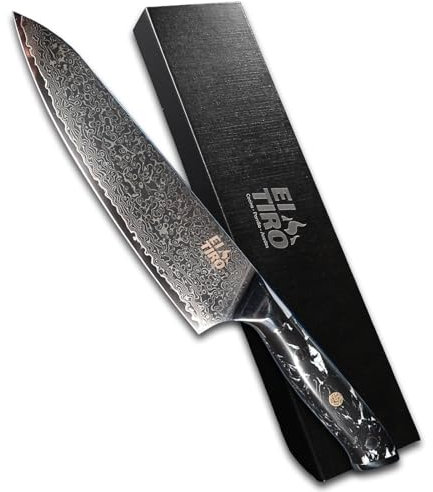 EL TIRO Coltello da cucina in acciaio Damasco autentico professionale (20 cm) – lama ultra affilata e resistente con manico in pietra turchese nera, ideale per chef e amanti della cucina