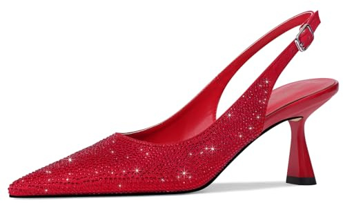 LOCERICH Women's Kitten Heels Slingback Low Heel Dress Shoes Closed Toe Pumps Rhinestone Pointed Toe Sparkly Sling Back Bridal Wedding Party, Red, 7 UK