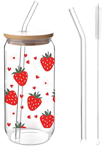 filheraze Elegante vaso de Cristal de 16 oz con Tapa y Pajita, Taza Con Patrón de Fresa, Reutilizable Tazas de Café Helado para Cóctel Bebidas, Batidos, Jugos, Cerveza