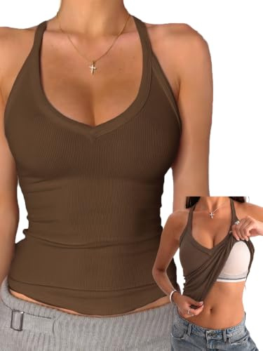 Danysu V-hals bomullslinnen med inbyggd hyll-bh ärmlös racerback monterad basic cami-skjortor | Ribbed väst toppar dam, inbyggd i bra, spagettitopp, ärmlös, sommartoppar, gå ut, träning, fest, basic cami toppar