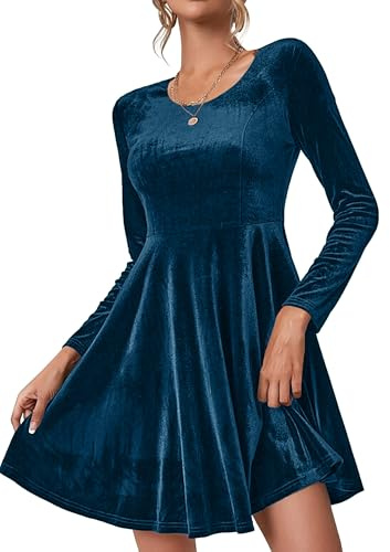Zeagoo Damklänning, julklänning, elegant vinterklänning, långärmad aftonklänning, rund hals, cocktailklänning, festlig festklänning, knälång, balklänningar, Havsblått, XL