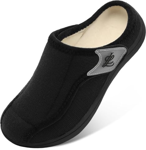 JIASUQI Womens Wide Diabetic Slippers Adjustable Soft Edema Swollen Clog Indoor Outdoor Warm House Shoes(Black 39,Size 6)