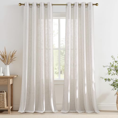 PONY DANCE Cortinas Dormitorio Translucidas de Lino, Sheer Curtains for Living Room Semi Opacas con Ojales 2 Piezas para Salon/Comedor,140x245cm,Lino Claro