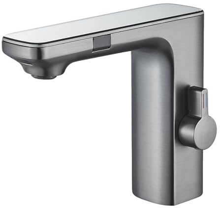 Hevenaov Grifo con sensor infrarrojo baño gris, sensor automático mezclador baño pantalla pantalla caliente agua fría grifo mezclador grifo lavabo