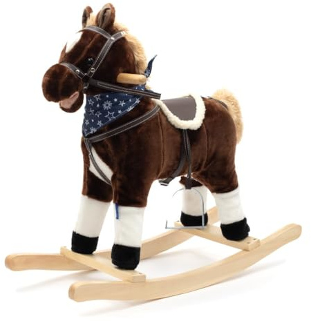 Baby Mix - Cheval à bascule - Echarpe Etoiles Marron - Selle confortable - Base à bascule en bois - Cheval à bascule - Cheval jouet - Jeu d'enfant - Animal à bascule
