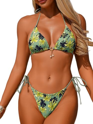 ChiaoLezhee Halter Tie Bikini Sets Low Rise High Cut Beach Vacation Outfits Pool Party 2 Piece Cheeky Triangle Swimsuits String Bathing Suit for Women Tan Through Tanning Thong Leg Sexy Green Large
