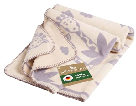 allnatura warme Kinder Kuscheldecke Cotona-Leoni 75x100 cm Made in Germany Grau – 100% nachhaltige Bio-Baumwolle, GOTS-Zertifiziert, Löwen- und Giraffen-Motiv, Kinderwagen, Boden, Spiel, Entspannung
