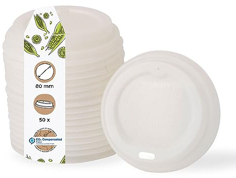 BIOZOYG Coperchio per Bicchiere Caffè da Asporto Ø 80mm I 50 Coperchi per Bicchieri di Carta di Bioplastica CPLA 100% biodegradabile, compostabile, riciclabile I Coperchio con Foro piatto bianco