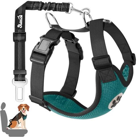 SlowTon Arnés de Coche para Perro con Correa de Conector, multifunción, Ajustable, Doble Tejido de Malla Transpirable, arnés de Chaleco de Viaje con cinturón de Seguridad