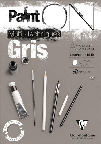 Clairefontaine 975808C - Zeichenblock / Skizzenheft PaintON, DIN A5 14,8x21 cm, kopfseitig geleimt, 30 Blatt, 250g, 100% Zellulose, ideal für Mixmedia, feinkörnung, Grau, 1 Stück