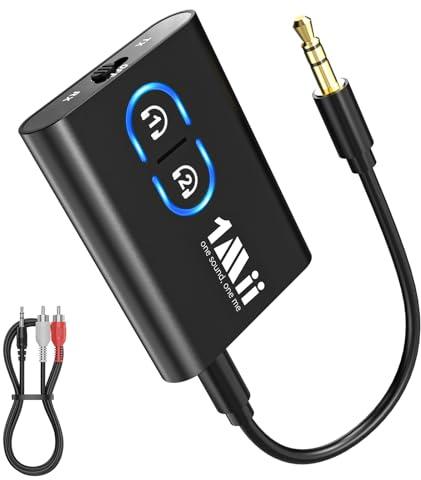 1Mii ML300 Trasmettitore Ricevitore Bluetooth 5.3 per TV, Adattatore con Jack Aux 3.5mm, aptX Bassa Latenza & AD & HD Audio con Batteria da 12 Ore per Impianto Stereo, 2 Cuffie, Auto