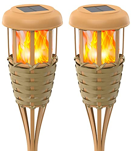 Evelynsun Flickering Flames Solar Powered Lights - Upgraded Solar Torches Waterproof Outdoor Decorative Lighting Auto On/Off, Handmade Bamboo Finish, 2-Pack