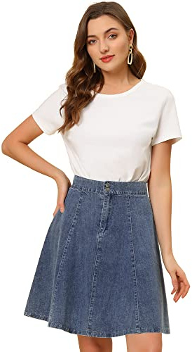 Allegra K Gonna Donna al Ginocchio Denim Casual a Pieghe Svasate Jeans a Vita Alta Gonne Donna Azzurro M