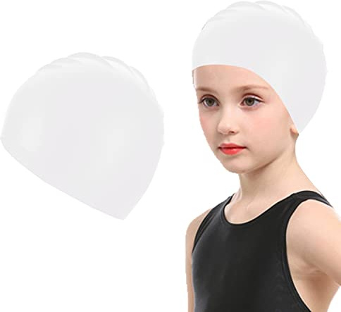 Doovid Kids Swim Caps Waterproof Swimming Cap Boys Girls Bathing Caps Age 3-8 Long and Short Hair Silicone Swim Cap C White 3-8T
