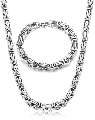Krfy Kette und Armband Set Herren Edelstahl Königskette Silber 8mm Breite Byzantinische Plattenkette Dicke Schwere Kette Hip Hop Punk Schmuck für Männer Jungen Länge 61cm