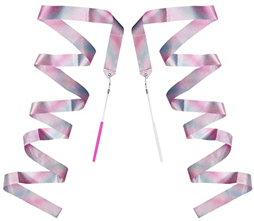 BLMHTWO 2 Stück Tanzband，TanzbäNder Kinder Gymnastikband mit Stab Tanzen Streamer mit Rutschfestem Griff für Kunst Tanz Training Performance（4.5cm*2m）