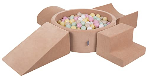 KiddyMoon Spielplatz Velvet Aus Schaumstoff Mit Samt Rund Bällebad (300 Bälle) + Version 5 Ballgruben Für Babys Spielbad, Hergestellt In EU, Wüstenrosa: Pastellbeige/Pastellgelb/Weiß/Minze/Puderrosa