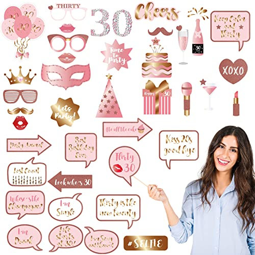 38 Stücke Roségold Geburtstag Fotoautomat Requisite 30. Geburtstag Party Zubehör,Geburtstagsfeier lustige Fotorequisiten für Frauen 30. Geburtstag Party Photo Booth Props Dekoration Accessoires