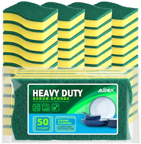 AIDEA Sponges Kitchen, 50 Pack Heavy Duty Dish Sponge, Cleaning Dish Scrubber Sponge for Home and Kitchen, Stink-Free Cleaning Supplies for Pots, Pans