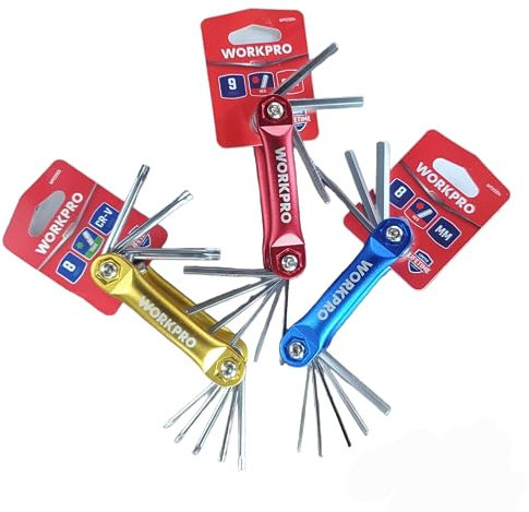 WORKPRO Juego de llaves hexagonales plegables de 17 piezas SAE/métricas, juego de llaves Torx plegables de 8 piezas T8-T40 cubierta de aluminio azul, rojo y amarillo