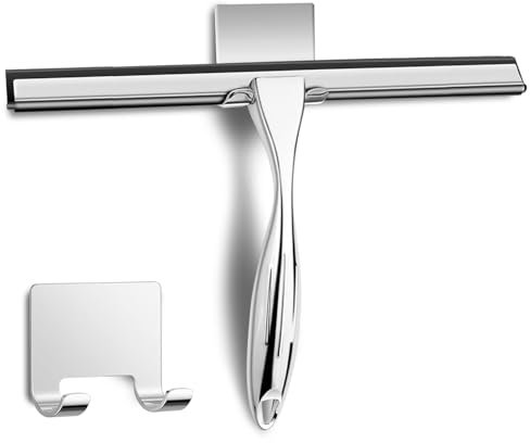 SSTOOHL 25CM Edelstahl Duschabzieher Mit Selbstklebe Haken & Ersatzklingen, Silber Abzieher Dusche, rutschfest Kurzer Handgriff Glaswischer, Glas Wasserschieber, Duschwand Abzieher, Badwischer