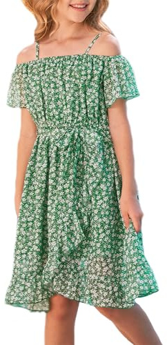 Vestidos para Niñas,Vestido de Chiffon con Flores Sin Mangas,Vestido de Verano con Correa Ajustable,Ocio con Manga Vorta con Volantes para Niñas de 6 a 14 Años