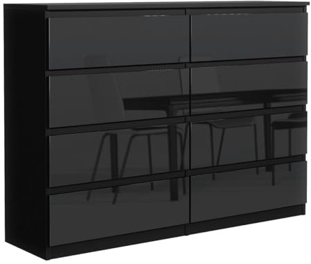 MebLocker Commode à 8 tiroirs, 140 cm, idéale pour Le Salon, la Chambre à Coucher, la Chambre d'enfant, la Chambre d'adolescent et Le Bureau, Solution Moderne (Nior avec des Façades Brillantes)