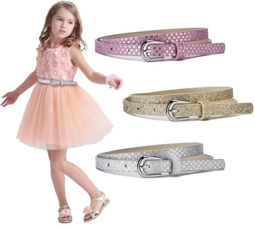 WUERKIYA Confezione da 3 Cinture Sottili per Bambini, Cintura in Pelle Pu Glitterata, Cintura per Bambini, Luccicante/Scintillante con Fantastiche Fibbie - Cintura Moderna per Ragazze, Adolescenti