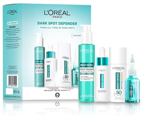 L'Oreal Paris Dark Spot Defender Giftset, 4 Step Routine Powered By Niacinamide; Bright Reveal Spot Fading Serum-in-Cleanser; Niacinamide Dark Spot Serum; SPF 50+ UV Fluid; Exfoliant Peel Treatment
