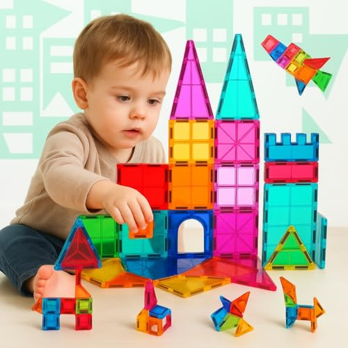NK Blocs de Construction Magnétiques pour Enfants (65 Pièces) - Pièces Magnétiques 3D Magnetic Tiles, Jouet Éducatif Montessori, Cadeau d'anniversaire Noël pour Enfants