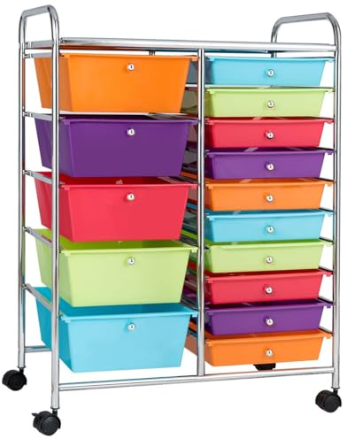 Fantask-rullvagn med 15 stapelbara lådor, lådvagnsbehållare med metallram och förvaringsyta, badrumsrullvagn, förvaringsvagn för kontor, vardagsrum, 62,5 x 37 x 87 cm