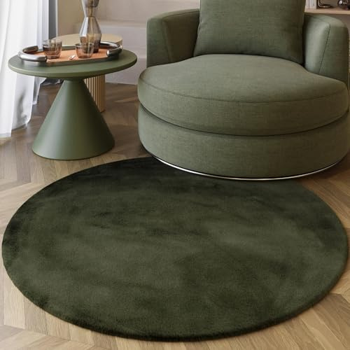 Wecon Home Moderner, sehr Flauschiger Hochflor Teppich von Esprit perfekt für Wohnzimmer, Schlafzimmer und mehr - Alice (150 cm rund, Olive)