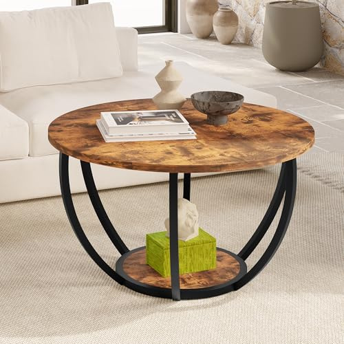HOMERECOMMEND 28 Round Coffee Table with Storage,2-Tier Wood Accent Center Table for Living Room,Sofa Table for Home Office, Brown