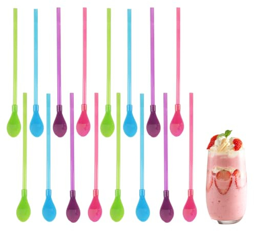 Set de 16 Cucharas de Pajitas Reutilizables Multicolor, Cuchara de Paja Extraíble para Smoothies, Milkshakes y Cócteles, Utensilios de Plástico Sin BPA para Bebidas y Postres