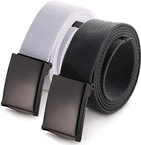 Mile High Life Cut To Fit Canvas Web Belt Size Up to 52 with Flip-Top Solid Black Military Buckle (2 Pack Dark Grey/Natural)