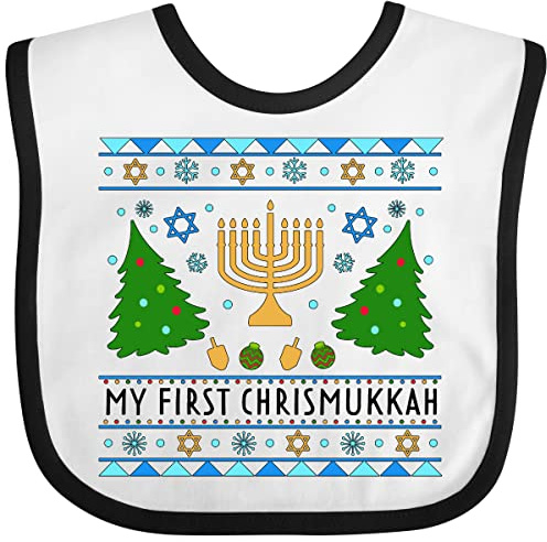 inktastic My 1st Chrismukkah Sweater Style with Menorah and Trees Baby Bib White and Black 3d565