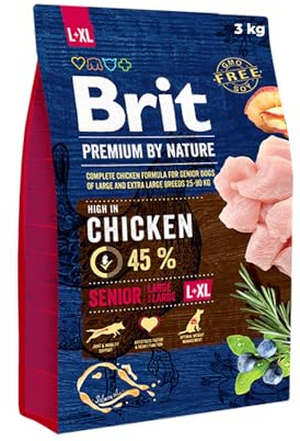 Brit Premium by Nature Senior Croquettes L/XL pour Grandes Races de Chiens - Aliment Complet - Favorise la Digestion, Les articulations et Les défenses - 3 kg
