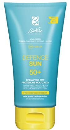 Bionike Defence Sun - Crema Solare Viso Matte SPF 50+ per Pelli Grasse con Imperfezioni, Azione Sebonormalizzante e Antiossidante, Waterproof e non Appiccicosa, Uniforma e Ripara la Pelle, 50 ml