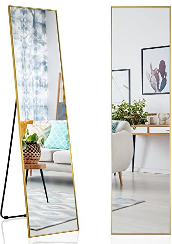 COSTWAY Specchio da Parete Lungo, Specchio da Terra Appendere con Cornice in Lega di Alluminio e Ganci, Per Camera da Letto e Soggiorno, 160 x 40 cm (Oro)