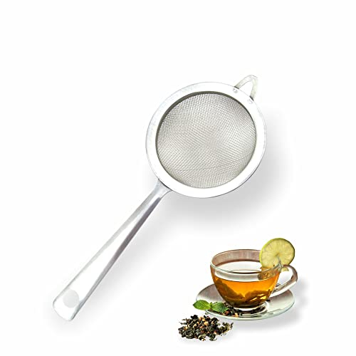 Fine Mesh Kitchen Strainer Hooked End Filter Infuser Colander Drainer Metal Sieve Stainless Steel Non Slip Handle Green and Black Tea Coffee Sieve for Flour Pasta Spaghetti Silver Color (1pc)