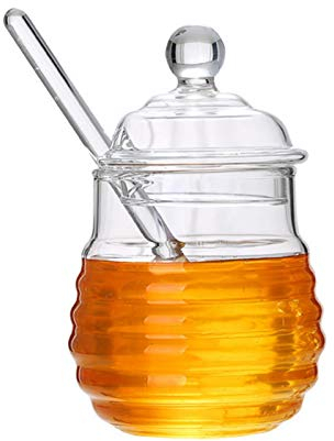 Honigglas mit Löffel und Deckel 300 ml zur Aufbewahrung von Honig, multifunktionaler Bienentopf mit Honiglöffel für die Küche zu Hause, waschbares Kristallglas-Honigglas/Behälter für Sirup und Esstisc