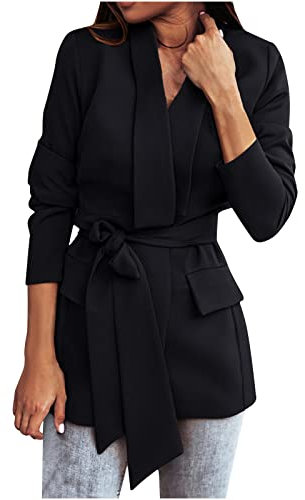 Longblazer mit Gürtel Damen Anzugjacke Elegante Einfarbig Anzug Mantel Business Blazerjacke Knöpfen offene Vorderseite Geschäft Büro Jacke Schlanke Passform Arbeitskleidung Damenjacke für Arbeit