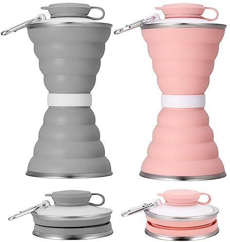 Firtink 2 Pcs Collapsible Water Bottle, 500ml Silicone Portable Travel Water Bottle Leak-Proof Reusable Foldable Cup with Carabiner and Strap for Sports Gym Camping Hiking Cycling Outdoor Activities