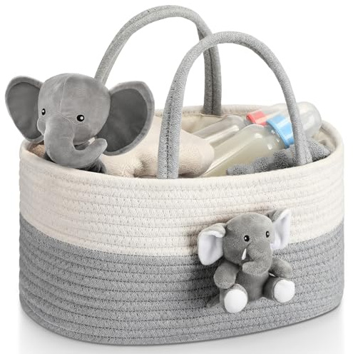 FoldTier Elephant Diaper Caddy Organizer Elephant Cart Storage for Nursery with Handle Baby Shower Basket Gift Baby Bath Caddy for Diapers Wipes Basket for Nursery(Large)