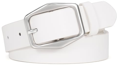 JasGood Damen Ledergürtel Modischer Leder Gürtel für Damen Stilvoll Damengürtel mit Silberner Schnalle für Jeans Kleider Hosen,Weiß,140cm