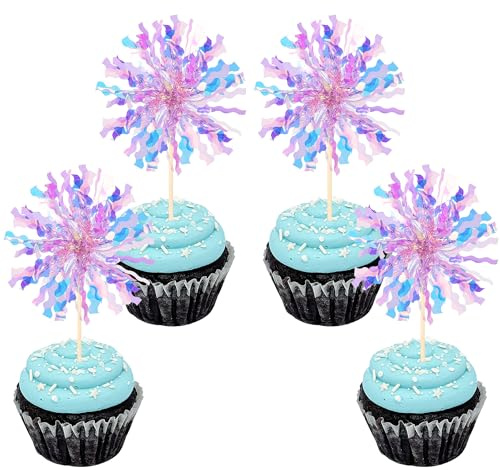 30 PCS Foil Firework Cupcake Toppers Sparkle Tinsel Cupcake Picks Happy Birthday Cake Toppers Drink Stirrers Cocktail Food Fruit Toothpicks for Baby Shower Birthday Party Decorations Supplies Purple