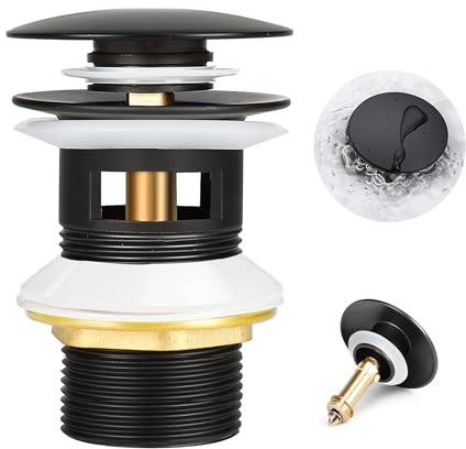 HOISGEAR Scarico Lavabo Bagno con Troppopieno, Piletta Bidet Click Clack Ottone Tappo di Scarico Lavabo Universal G1 1/4 Piletta Lavabo Bagno Valvola Pop Up per lavandino Bidet Vasca, Nero Opaco