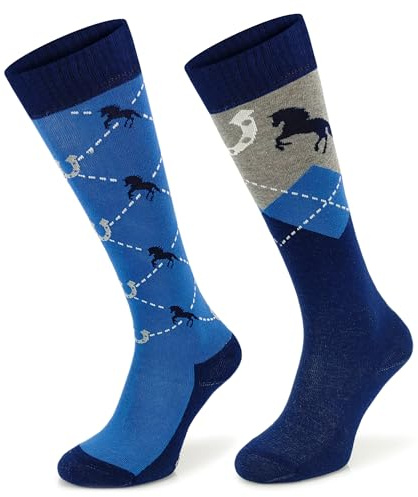 SKIETY Chaussettes Équestres - Chaussettes Longues en Chevaux - Chaussettes Équestres pour Femmes, Filles, Enfants - Chaussettes Amusantes - Motif Rhombus et Cheval - Taille 39-42