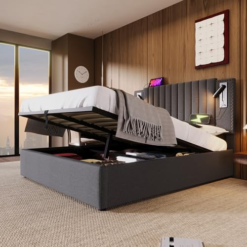 Dolamaní Modern Doppelbett 140x200 cm, Boxspringbett mit Stauraum Bettkasten,Lattenrost, Funktionsbett mit Kopfteil Höhen-verstellbar & Rückenlehne-Nietendesign,Ohne Matratze, Grau