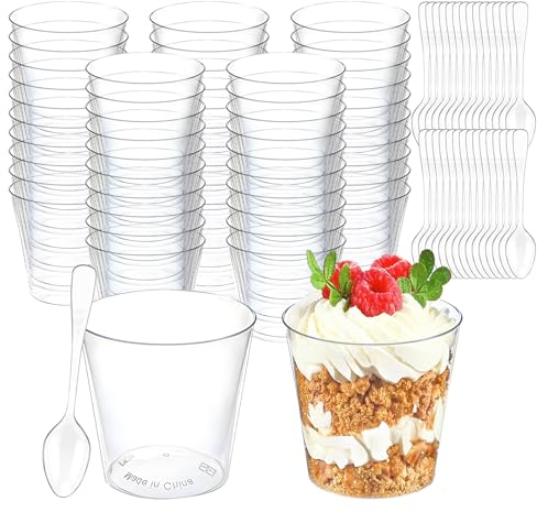 Atliberswo 50 vasos de postre de plástico, vasos de postre de plástico con cucharas, 2oz/60 ml, cuencos de postre reutilizables de plástico para pudin, mousse, helados, postres, fiestas
